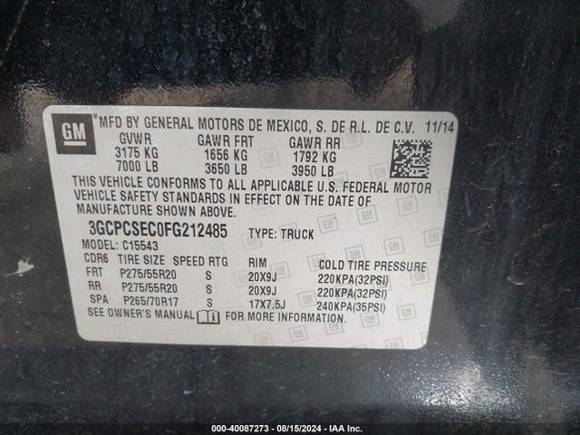 Chevrolet Silverado 1500 1lz 2015 3GCPCSEC0FG212485 Image 9