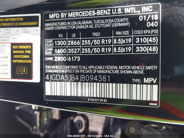 4JGDA5JB4JB094381 Mercedes-Benz GLE 350