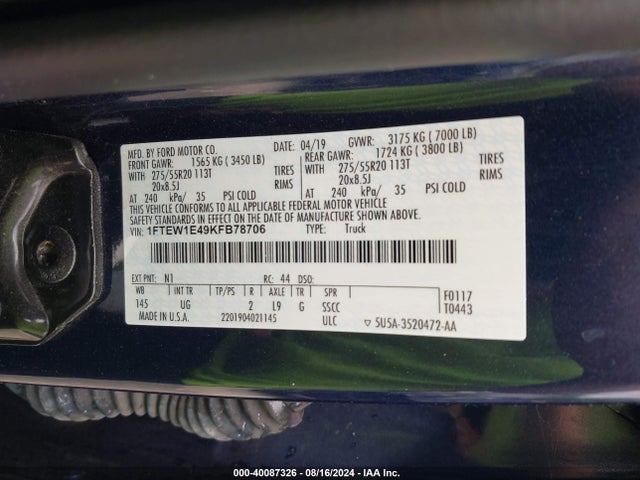 Ford F-150 Xlt 2019 1FTEW1E49KFB78706 Image 9