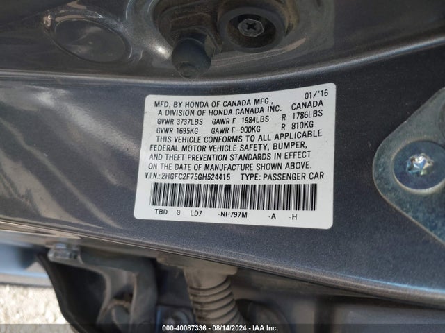 Honda CIVIC EX 2016 2HGFC2F75GH524415 Image 9