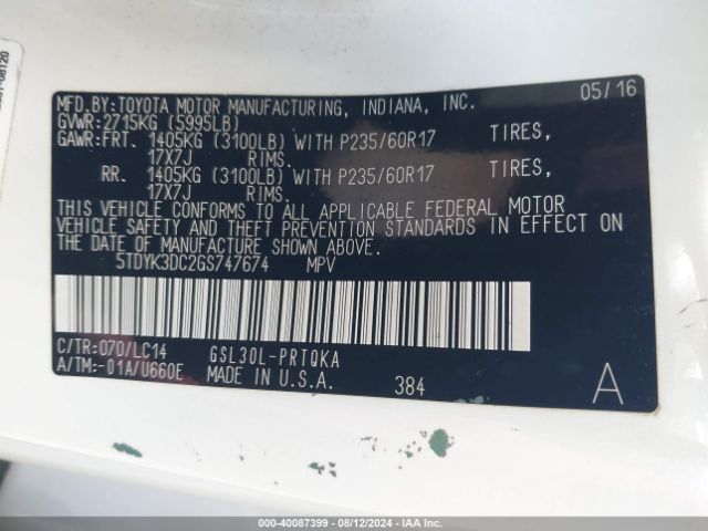 5TDYK3DC2GS747674 Toyota Sienna Xle Premium 8 Passenger
