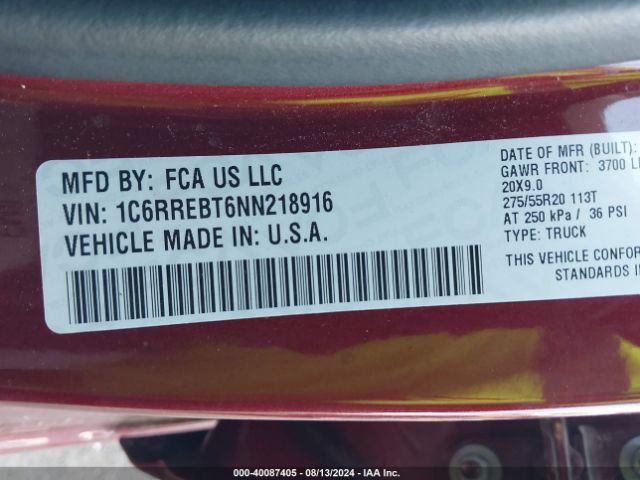 1C6RREBT6NN218916 RAM 1500 Lone Star Quad Cab 4x2 6'4 Box