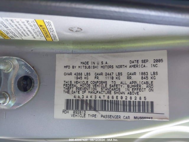2006 MITSUBISHI ECLIPSE 4A3AK34T86E028285 Photo 8