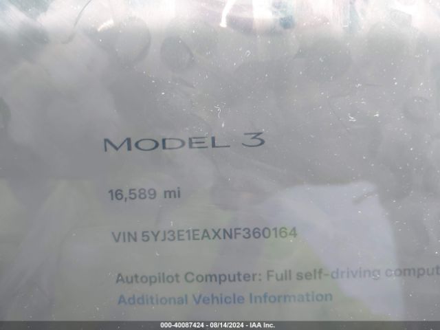 5YJ3E1EAXNF360164 Tesla Model 3 Rear-wheel Drive