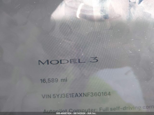 5YJ3E1EAXNF360164 Tesla Model 3 Rear-wheel Drive