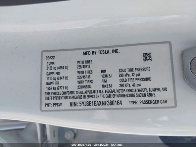 5YJ3E1EAXNF360164 Tesla Model 3 Rear-wheel Drive