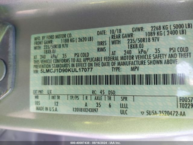 5LMCJ1D90KUL17077 Lincoln Mkc Standard