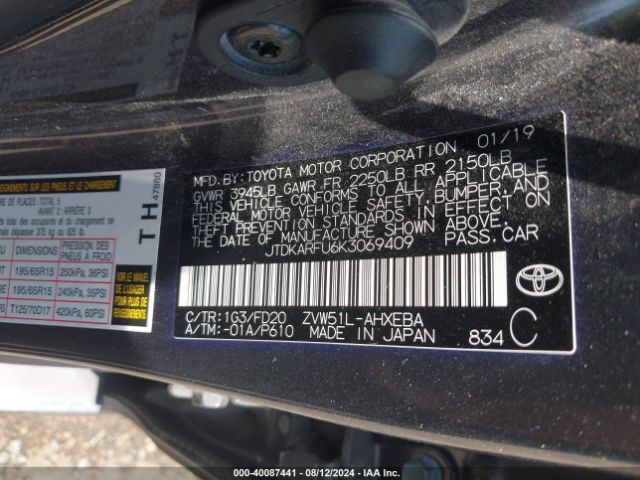 JTDKARFU6K3069409 Toyota Prius Le