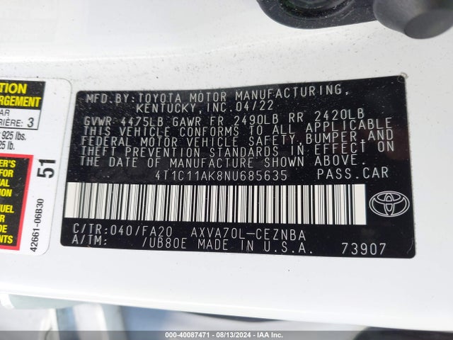 Toyota CAMRY LE 2022 4T1C11AK8NU685635 Image 9