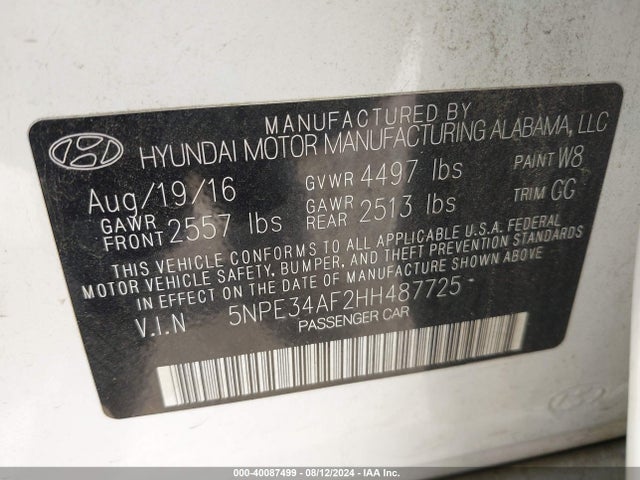 2017 Hyundai Sonata Sport მანქანა იყიდება აუქციონზე, vin: 5NPE34AF2HH487725, აუქციონის ნომერი: 40087499