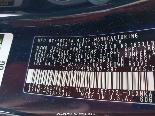 Toyota COROLLA LE 2019 5YFBURHE9KP874387 Image 9