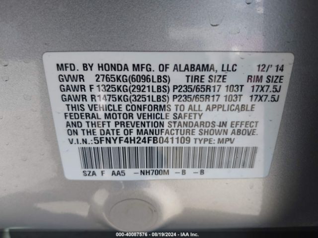 5FNYF4H24FB041109 Honda PILOT LX