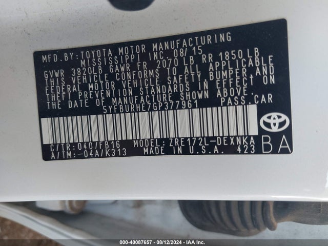 Toyota COROLLA LE 2016 5YFBURHE7GP377961 Image 9
