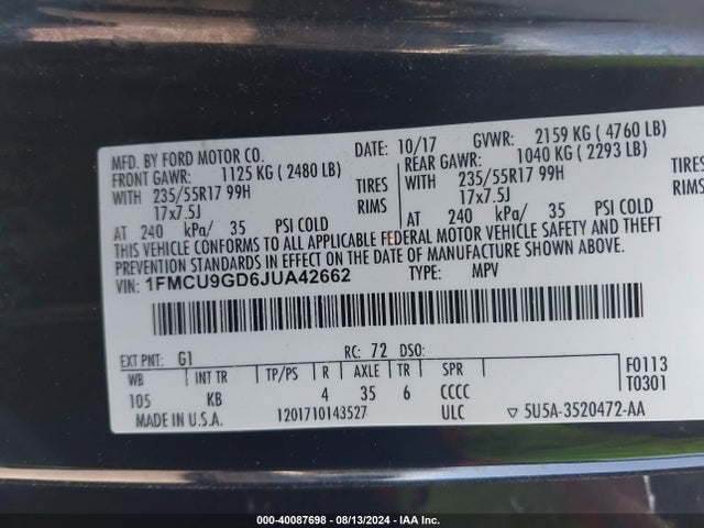 1FMCU9GD6JUA42662 Ford 1.5l gtdi sigma w/premium fuel