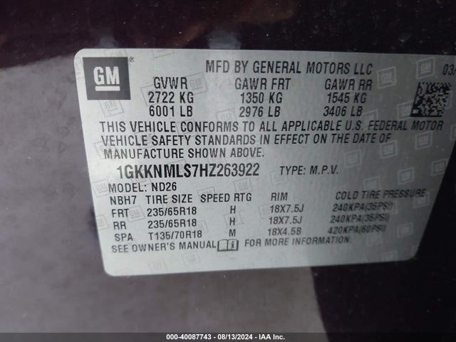 GMC Acadia Slt-1 2017 1GKKNMLS7HZ263922 Image 9