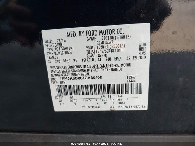 1FM5K8B86JGA86498 Ford Explorer