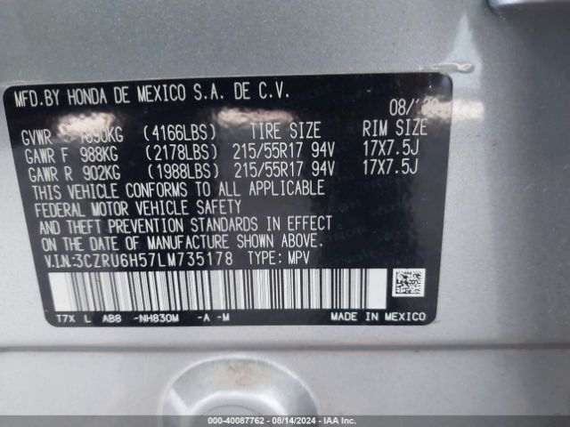 3CZRU6H57LM735178 Honda Hr-v Awd Ex