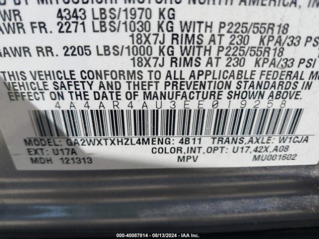 4A4AR4AU3EE019258 Mitsubishi Outlander Sport Se