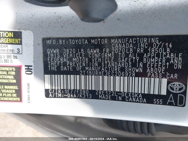 Toyota Corolla S Plus 2014 2T1BURHE3EC206928 Image 9