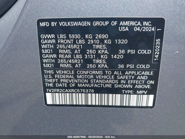 1V2FR2CAXRC575376 Volkswagen Atlas 2.0t Sel Premium R-line