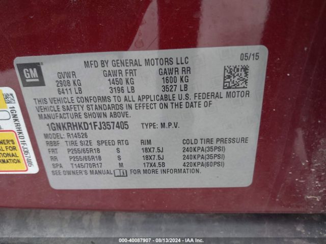 1GNKRHKD1FJ357405 Chevrolet Traverse 2lt