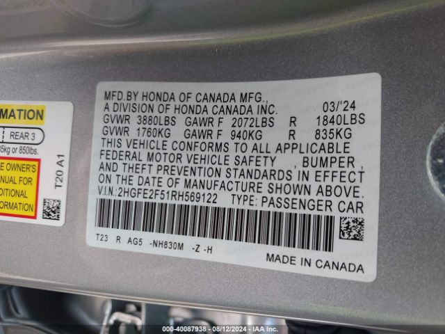 2HGFE2F51RH569122 Honda Civic Sport