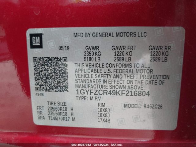 1GYFZCR49KF216804 Cadillac Xt4 Premium Luxury