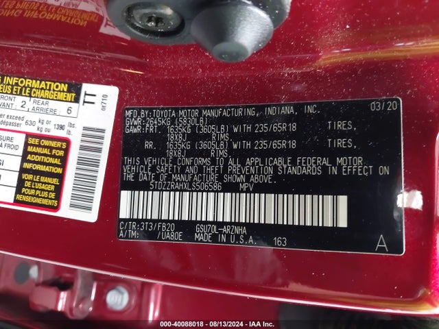 Toyota Highlander Le 2020 5TDZZRAHXLS506586 Image 9