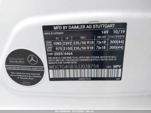 WDCTG4GB1LU028758 Mercedes-Benz Gla 250 4matic