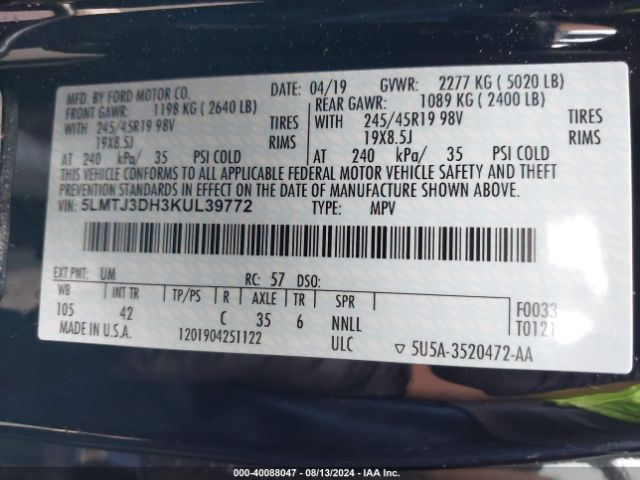 5LMTJ3DH3KUL39772 Lincoln Mkc Reserve