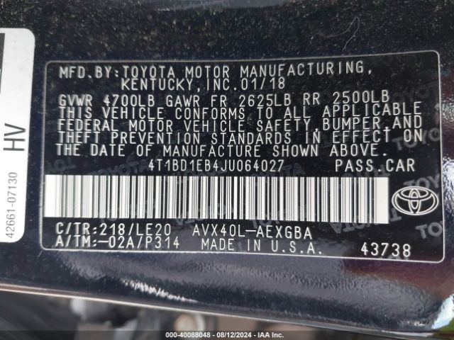 4T1BD1EB4JU064027 Toyota Avalon Hybrid Xle Premium