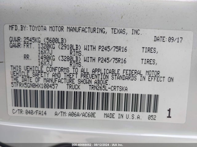 Toyota Tacoma Sr 2017 5TFRX5GN0HX100457 Image 9