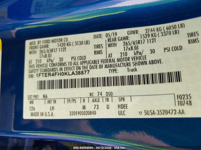 1FTER4FH0KLA38877 Ford Ranger Xlt