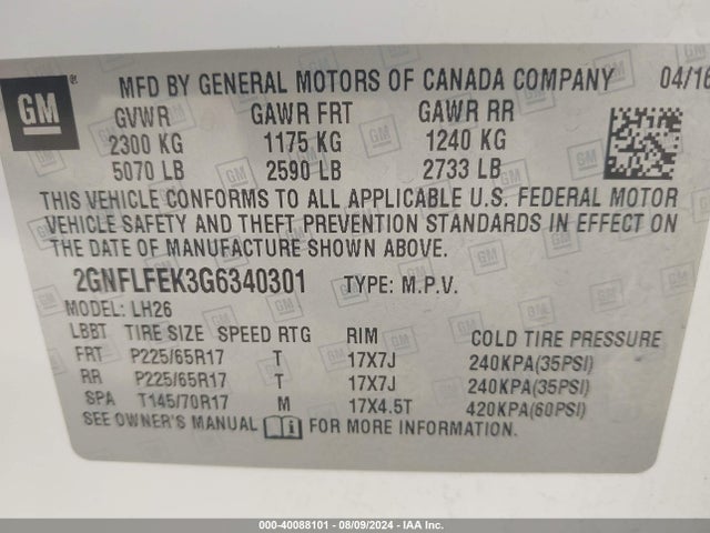 Chevrolet EQUINOX LT 2016 2GNFLFEK3G6340301 Image 9
