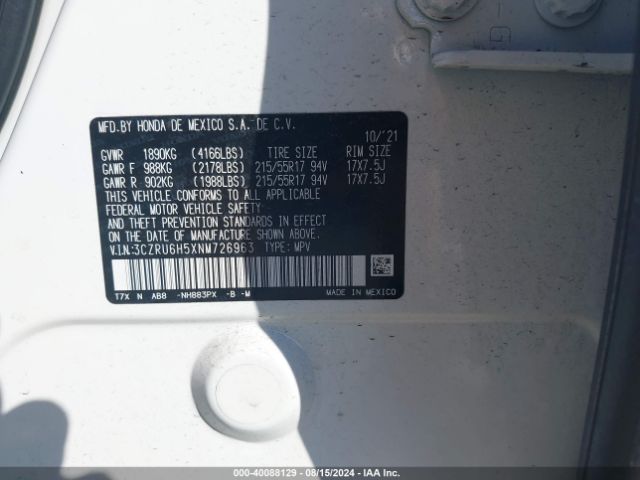 3CZRU6H5XNM726963 Honda Hr-v Awd Ex
