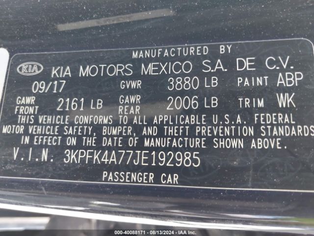 3KPFK4A77JE192985 KIA FORTE LX