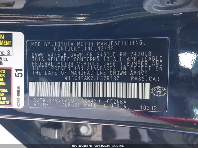 Toyota CAMRY LE 2020 4T1C11AK2LU328187 Image 9
