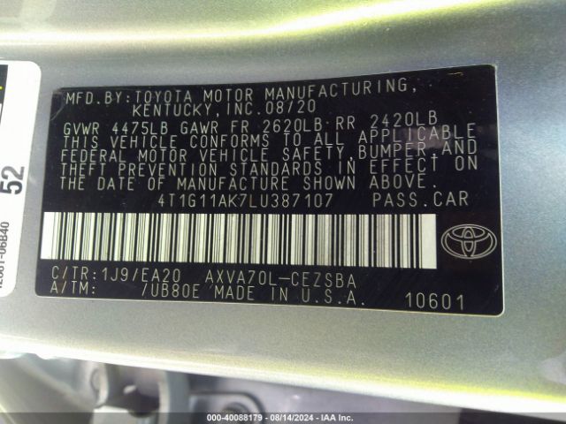 4T1G11AK7LU387107 Toyota CAMRY SE
