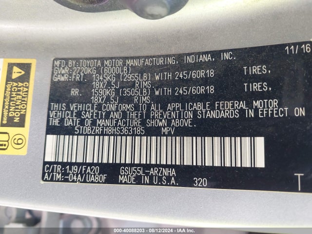 Toyota Highlander Le Plus 2017 5TDBZRFH8HS363185 Image 9