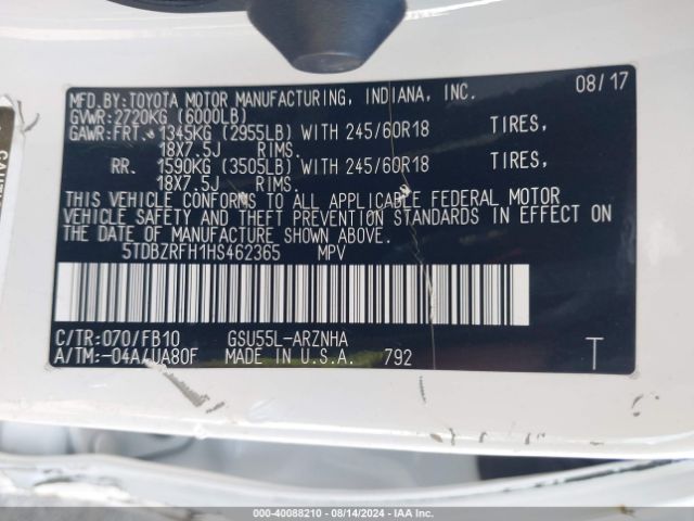 5TDBZRFH1HS462365 Toyota Highlander Le