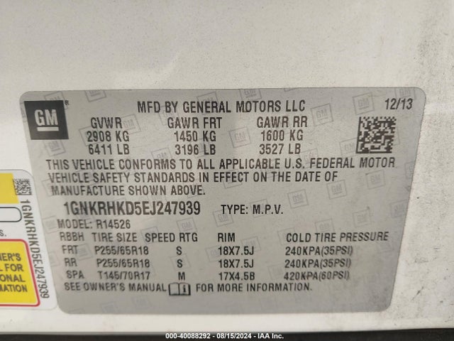 Chevrolet Traverse 2lt 2014 1GNKRHKD5EJ247939 Image 9