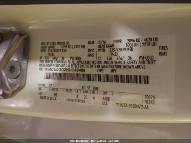 1FMCU0GD2HUC49488 Ford ESCAPE SE