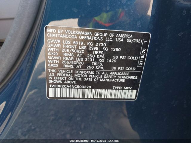 1V2BR2CA4NC500228 Volkswagen Atlas 3.6l V6 Sel