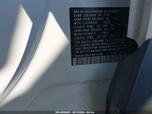 WVGAV7AXXFW615408 Volkswagen TIGUAN S