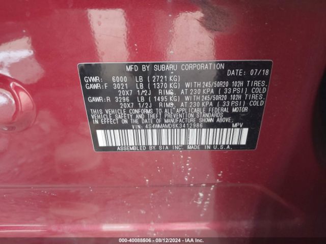 4S4WMAMD6K3412986 Subaru Ascent Limited