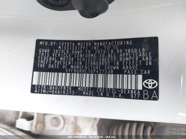 Toyota COROLLA LE 2016 5YFBURHE1GP437538 Image 9
