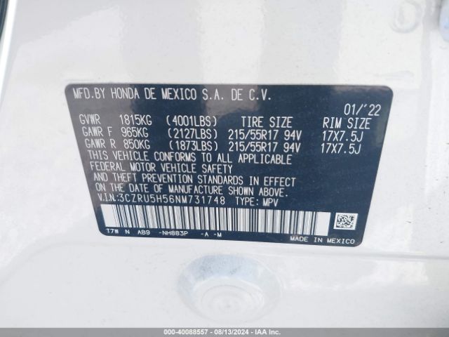 3CZRU5H56NM731748 Honda Hr-v 2wd Ex