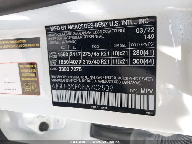 4JGFF5KE0NA702539 Mercedes-Benz Gls 450 4matic