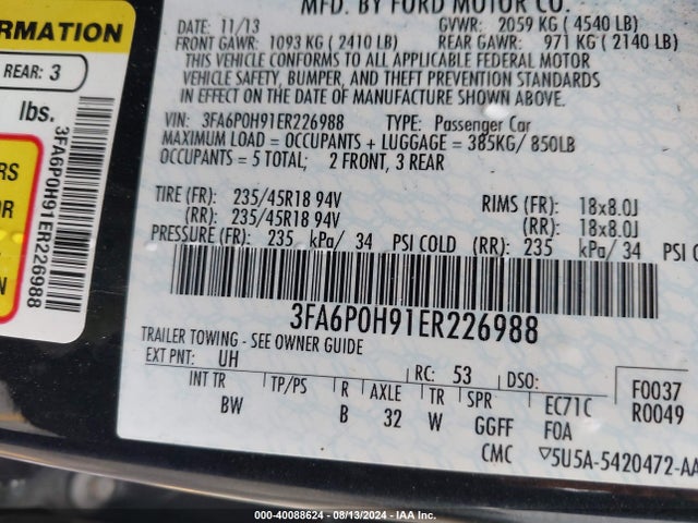 Ford FUSION SE 2014 3FA6P0H91ER226988 Image 9