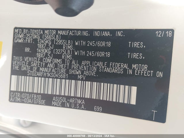 Toyota Highlander Le 2019 5TDZARFH1KS045681 Image 9